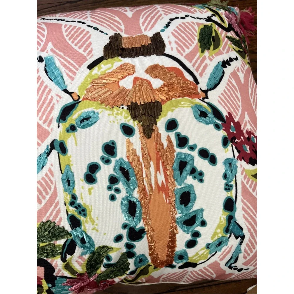 Janeen Home Boho Beetle Accent Pillow Raffia Embroidered Tassel Pink Green 18